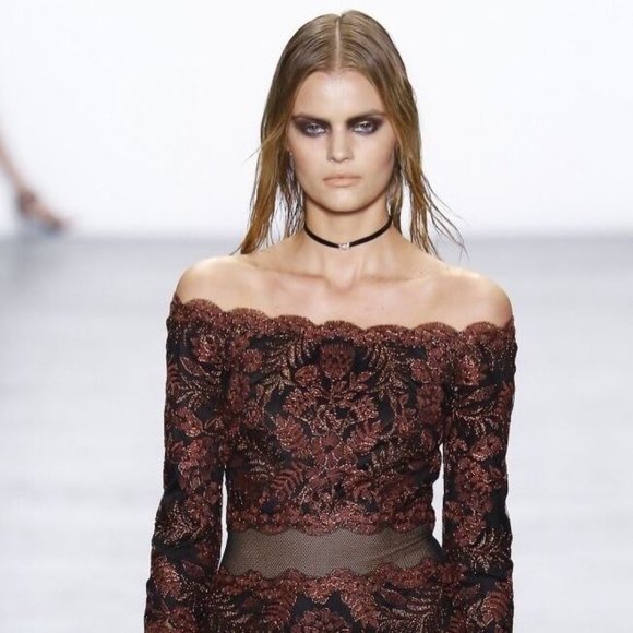 Tadashi Shoji Winona Amber Lace Mesh Off Shoulder Mini Dress - Picture 1 of 9